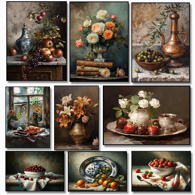 Country Flowers Vase Plants Fruit Vintage Still Life Art Posters Prints Diamond Painting Wall Art Picture Living Room Home Dec
