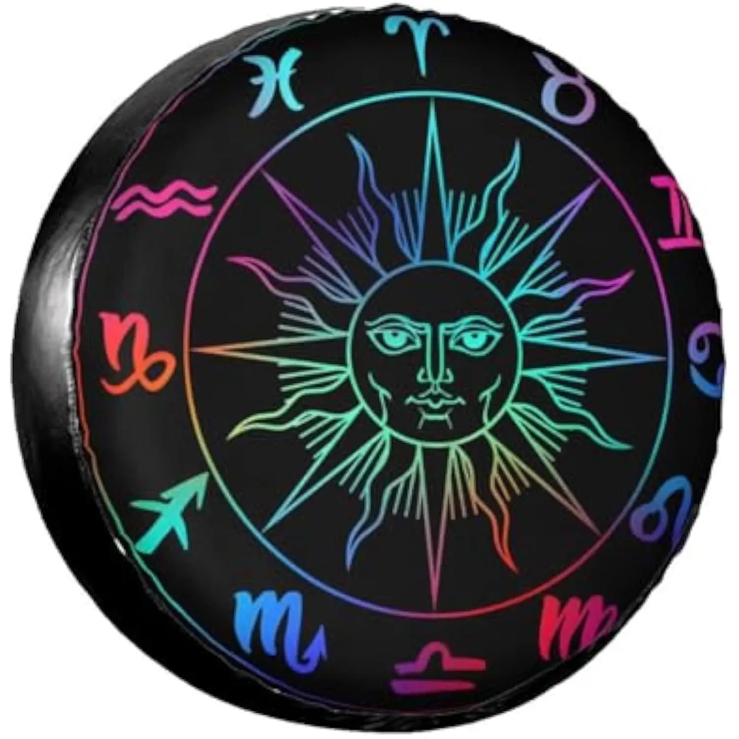 Copriruota con Segni Zodiacali al Neon e Volto del Sole, Impermeabile, Protezione per Ruota di Scorta per Camper, SUV, Camion, Rimorchio