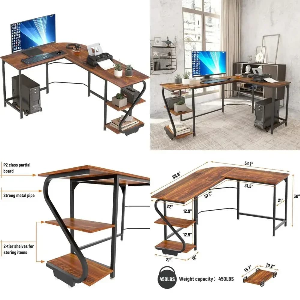 Ampia scrivania angolare da gaming: postazione di lavoro in legno a forma di L reversibile con ripiani per ufficio domestico e scrittura