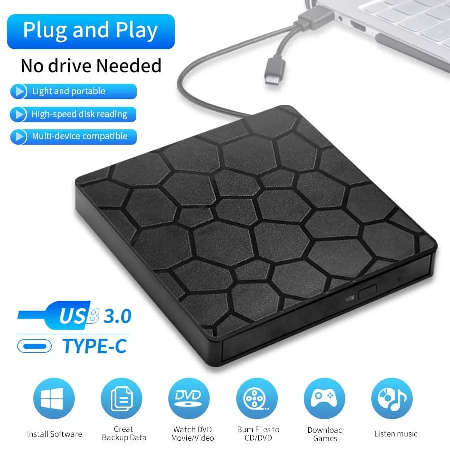 Lettore/Scrittore DVD RW Esterno Sottile 2-in-1 USB 3.0 Tipo C per Laptop PC Computer Notebook