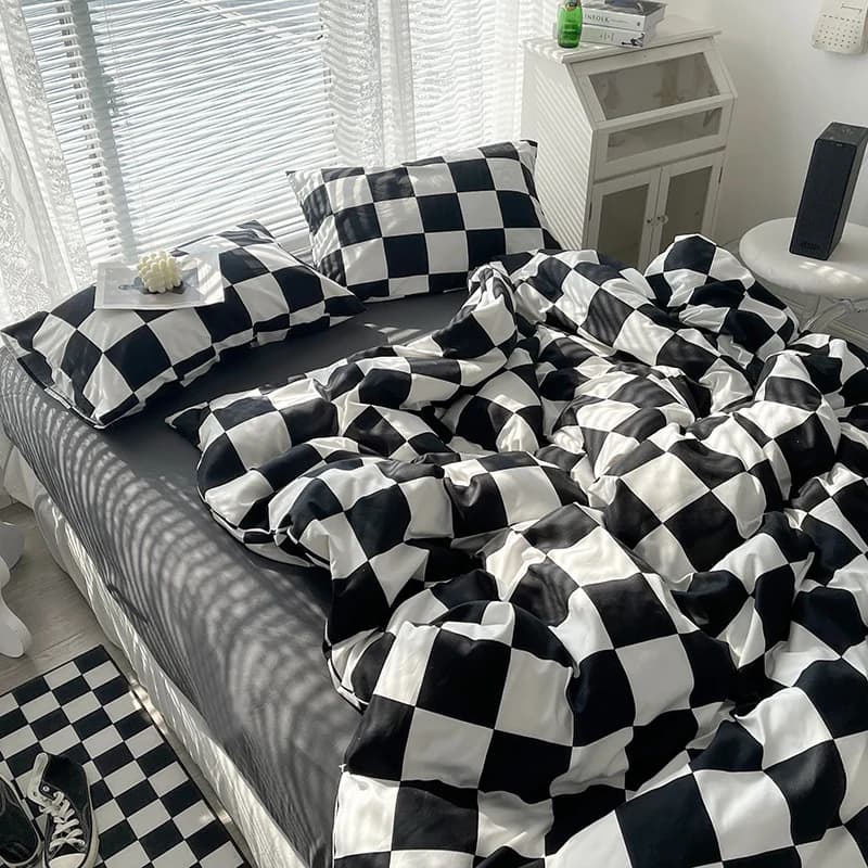 Checkerboard Bedding Comforter Set with pillow case single bed linen set Queen/King Double Single