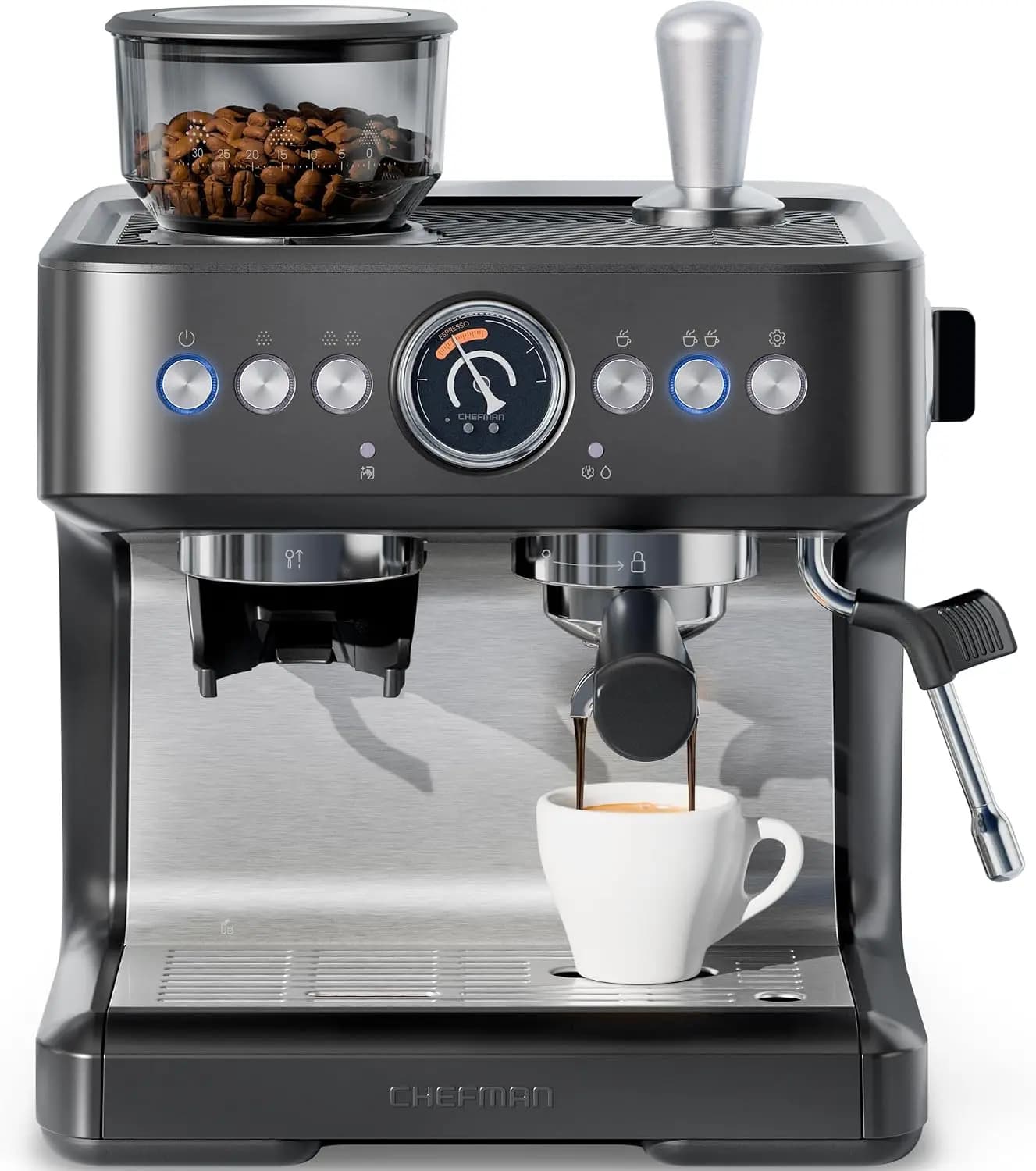Crema Deluxe Espresso Machine with Double Boiler, Use Milk Frother and Brew Espresso Simultaneously, Professional Coffee Maker w