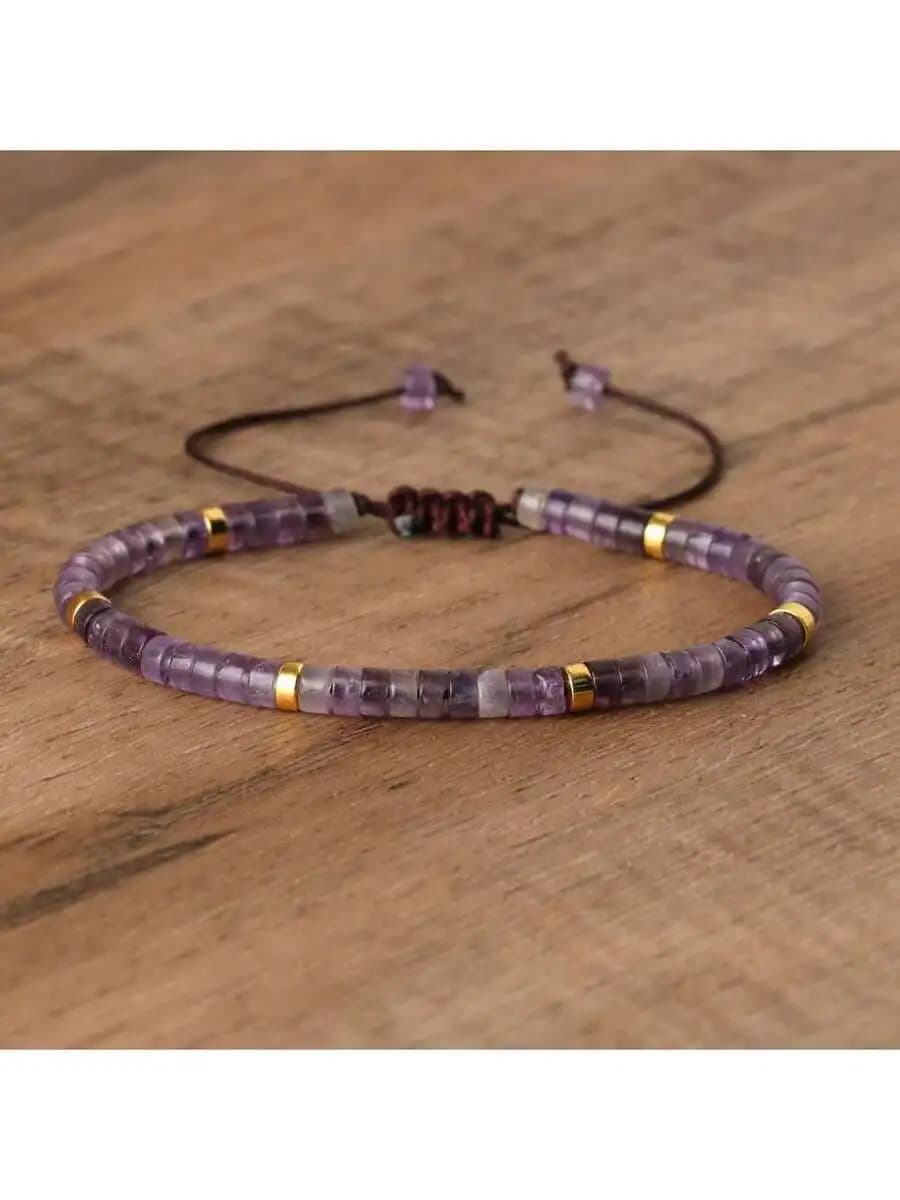 Bracciale con perline a fetta di ametista e cordino regolabile, gioielli minimalisti con gemme naturali per adulti