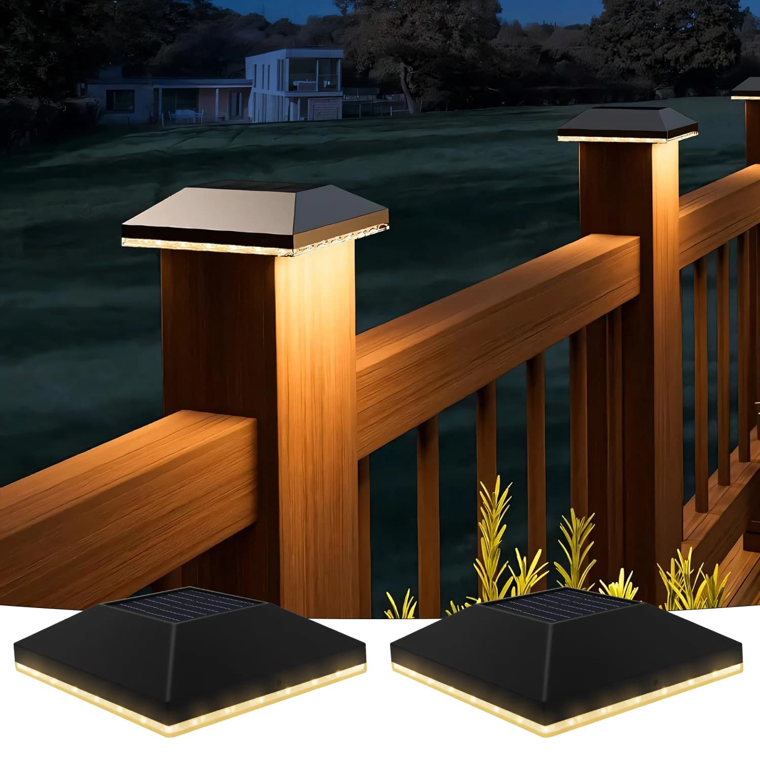 Lights for waterproof outdoor poles, pack of 2, bridge cap light for 4x4 in wood/wine, black sunscreen light for garden/patio/portico