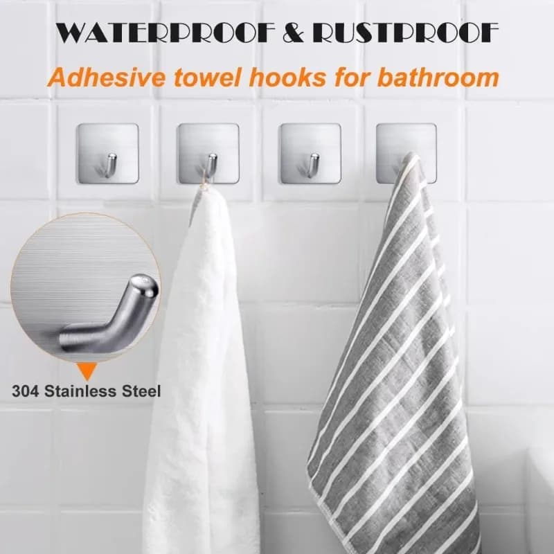4Pcs No Drill Self Adhesive Stainless Steel Hooks Heavy Duty Bathroom Kitchen Towel Hanging Storage Organizer Accessories