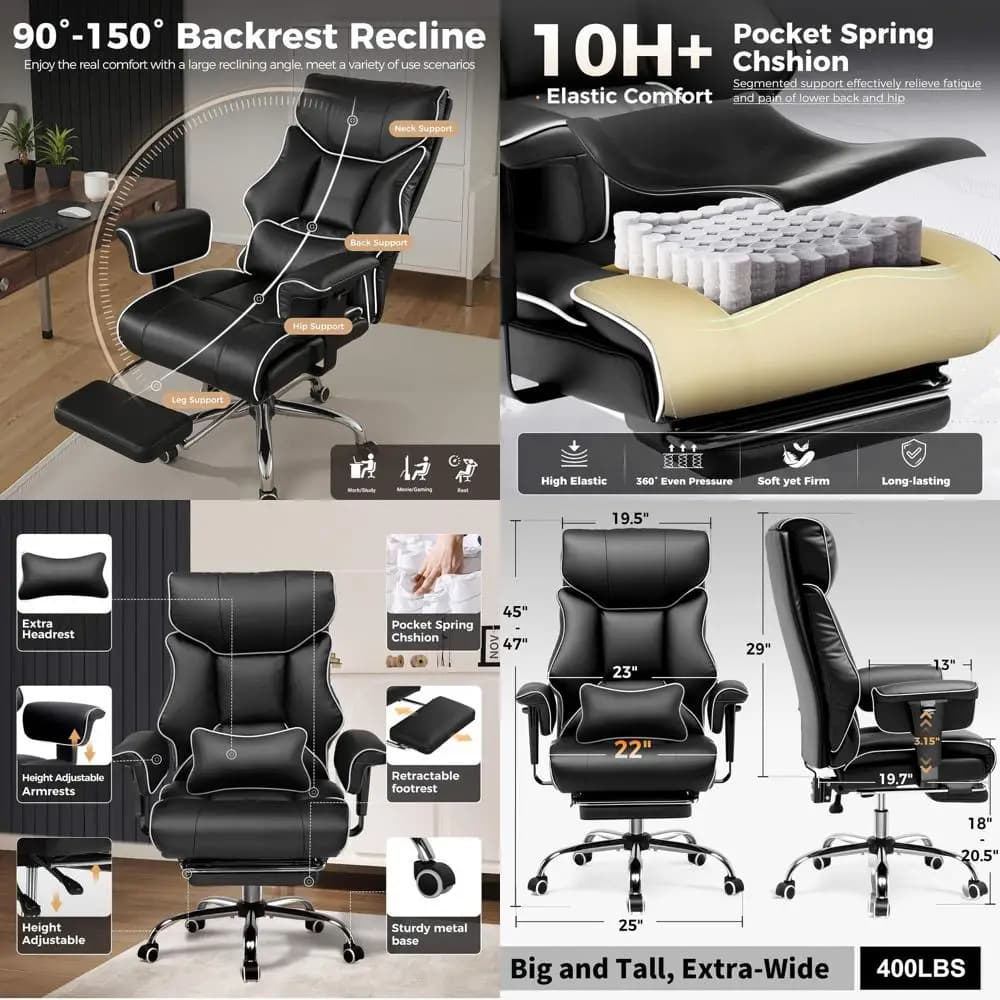 Sedia da Gaming Ergonomica con Schienale Alto per 180 kg, Supporto Lombare, Stile Executive in Pelle, Poggiapiedi, Nero Ferro