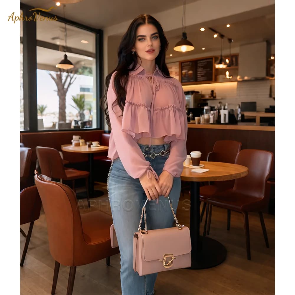 Camicia da donna in chiffon fluido a maniche lunghe con volant e dettaglio ampio camicetta casual per tutti i giorni per le donne primavera autunno