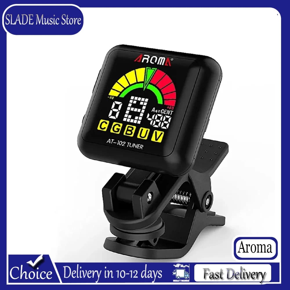 Sintonizzatore AROMA AT-102 ricaricabile nero, batteria integrata ricaricabile tramite USB, ampio display LCD a 360 gradi per chitarra/basso/ukulele/violino