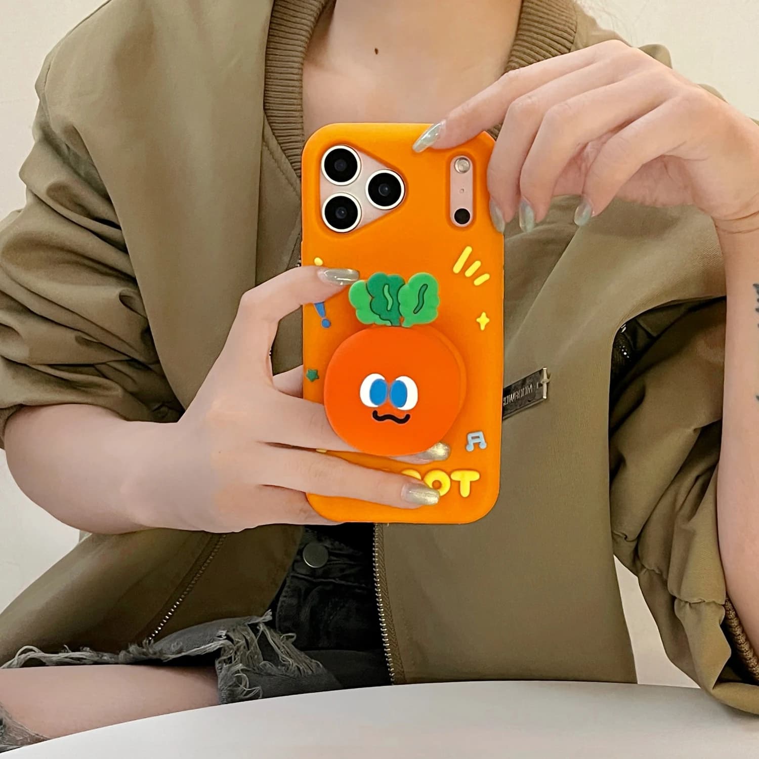17Promax Cute Cartoon Carrot 3D Telescopic Phone Holder Case for iPhone 13/14/15/15/16 pro Max Soft Silicone Back Cover Skin