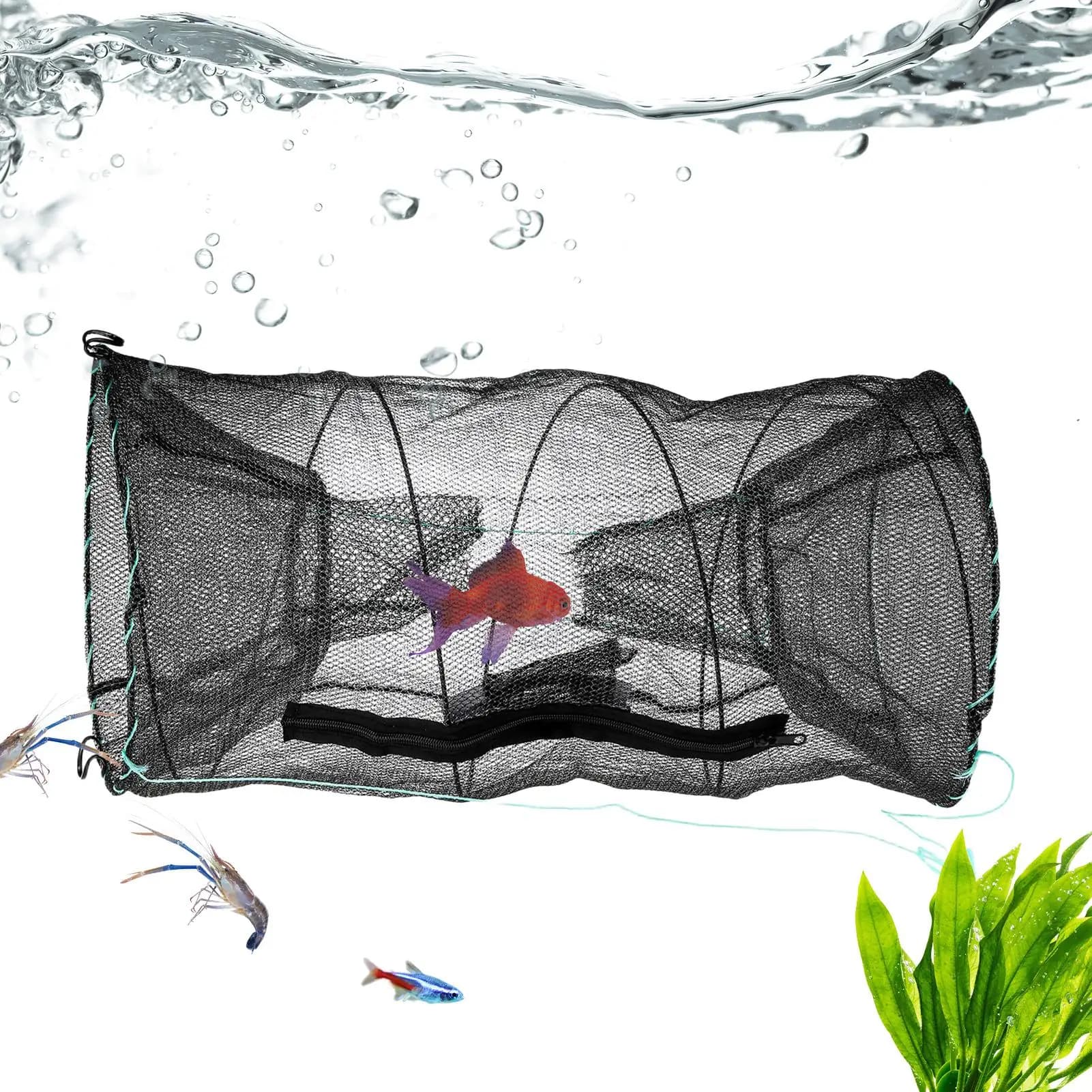 Fish Trap Folding 2-Entry Crawfish Bait Cage Portable Folding Minnow Net for Bass Trout, Lake River Shore Fishing