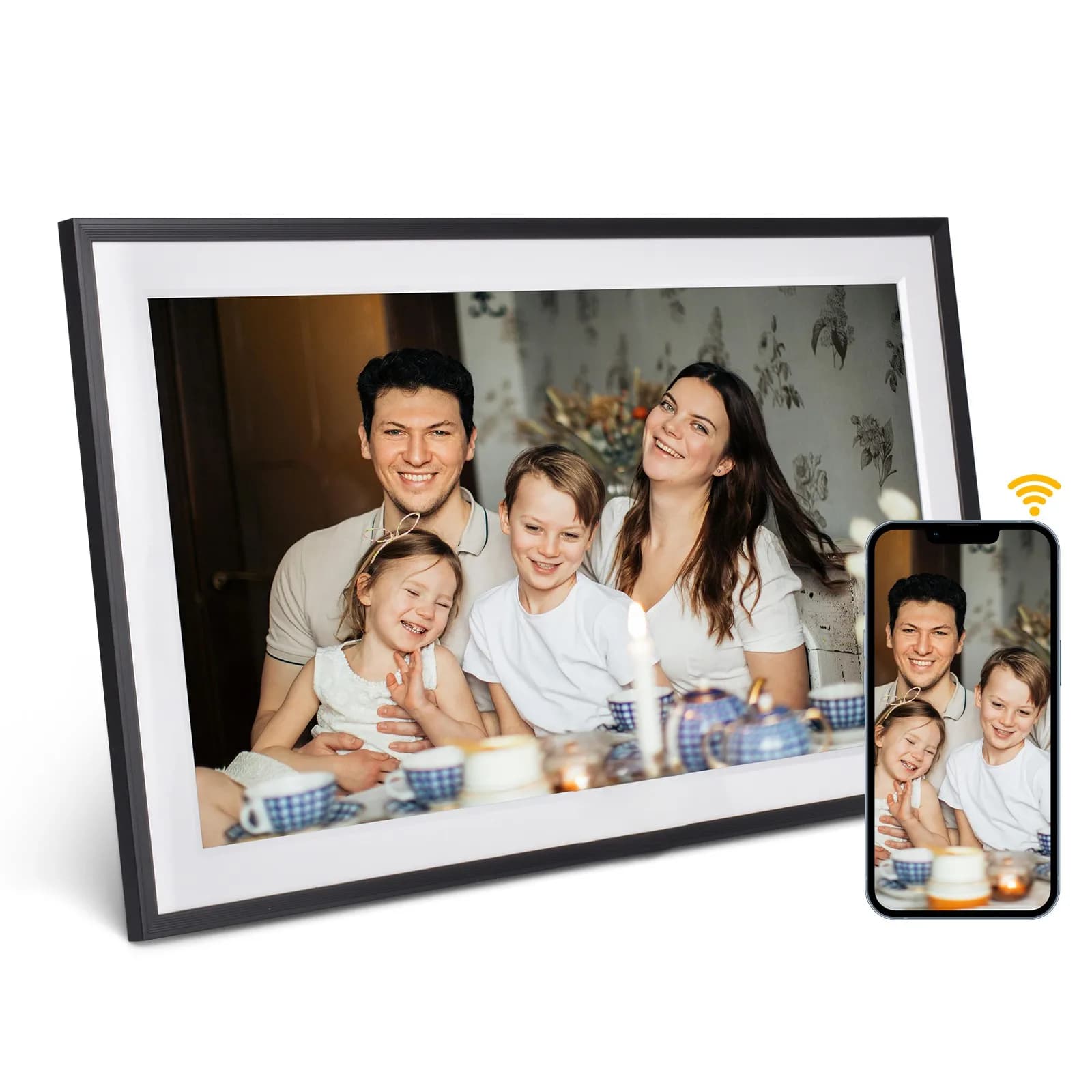 Cornice Digitale Personalizzata da 15,6 Pollici con Schermo Touch IPS FHD, WiFi, Orologio, Riproduzione Video, Musica, Supporto per Scheda SD e USB