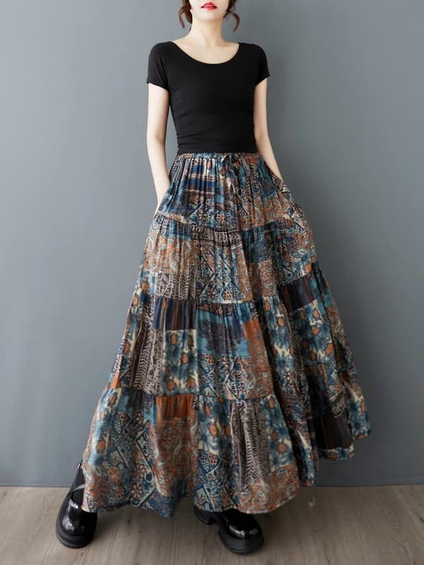 Elegante Gonna Lunga in Seta con Stampa Astratta, Nuovo Stile Primavera-Estate, Versatile e Drappeggiata, Vintage, Taglie Grandi, Moda Femminile