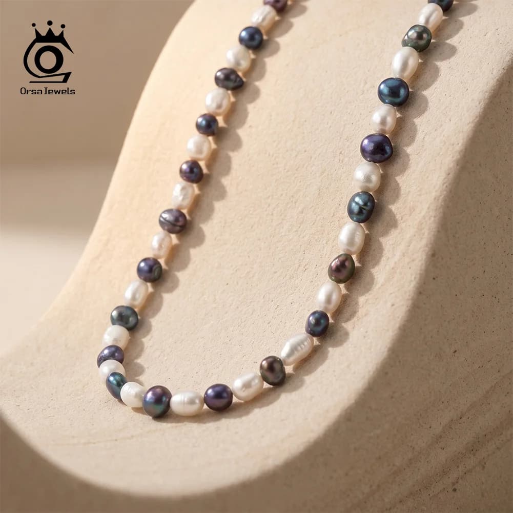 ORSA JEWELS Dainty S925 Silver Beads Choker Necklaces with Two Colors Natural Pearl for Women Dainty Beads Chain Jewelry GPN111