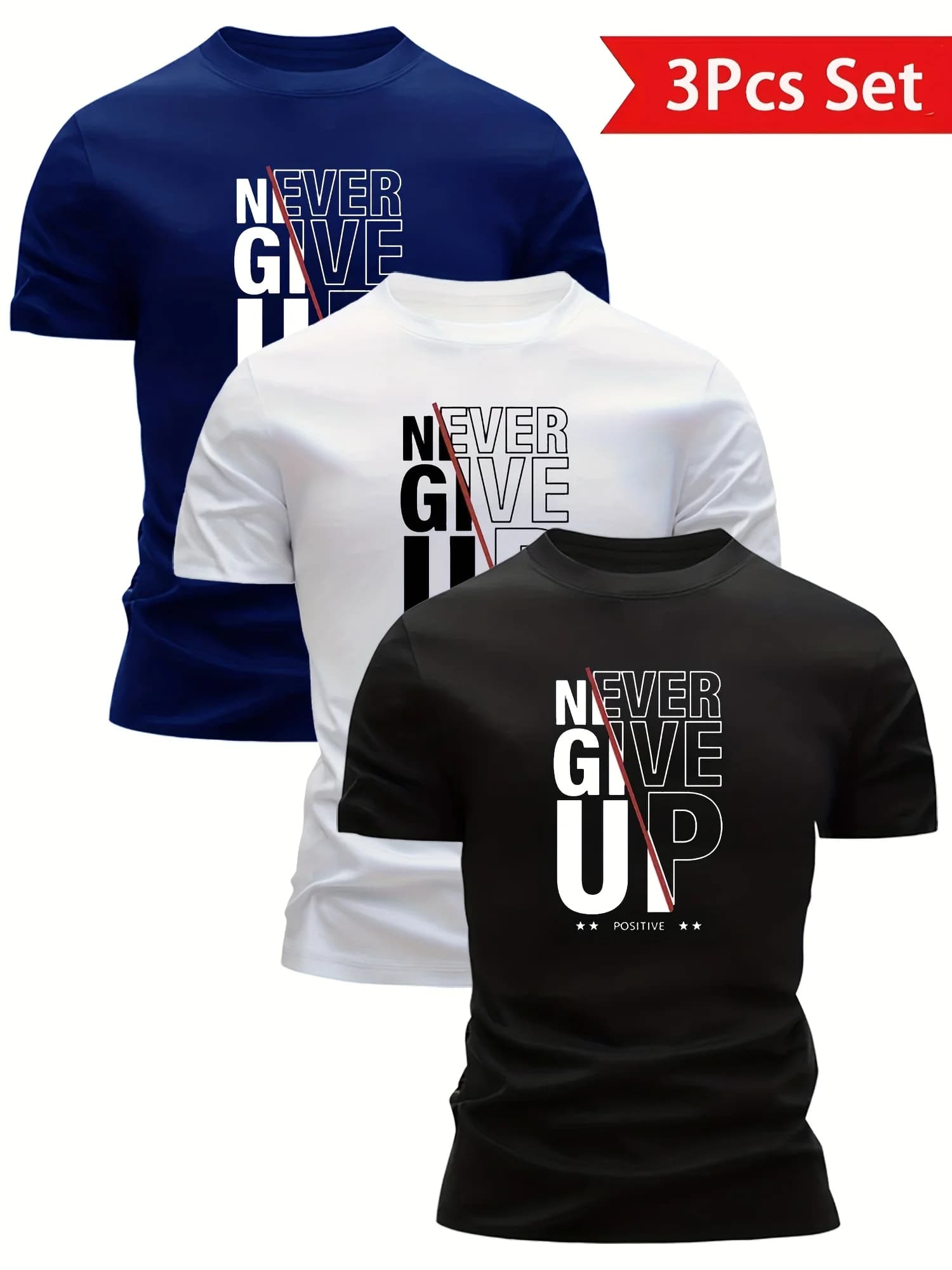 Confezione da 3 magliette grafiche da uomo con scritta “NEVER GIVE UP” | Magliette motivazionali a maniche corte con collo rotondo | Set Nero/Bianco/Blu Navy