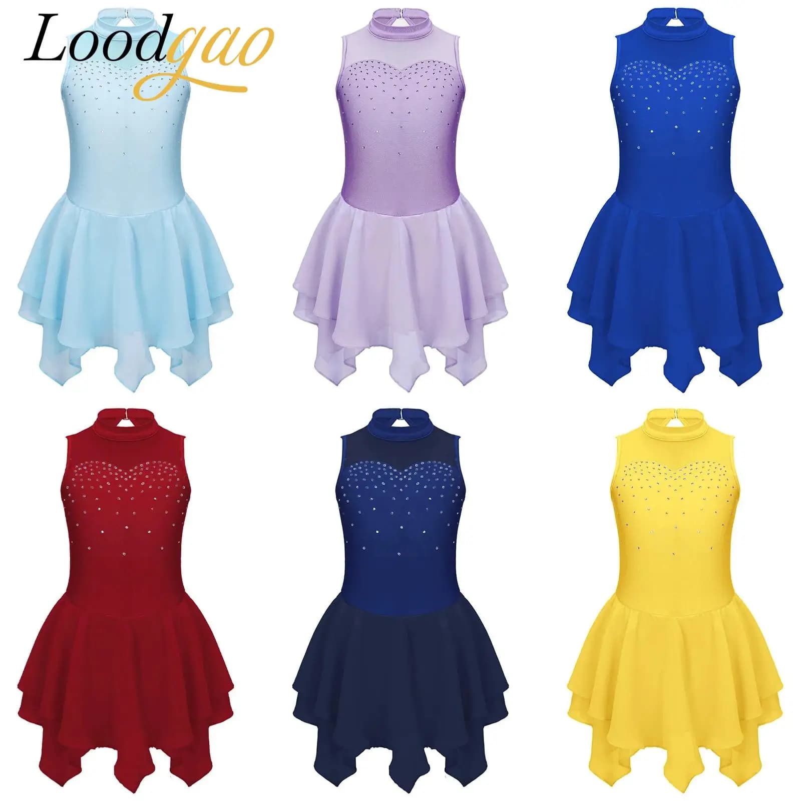 Abiti per bambini in rete con strass Abito da pattinaggio di figura per ragazze Balletto Danza Ginnastica Body Tutu Senza maniche Performance Dancewear