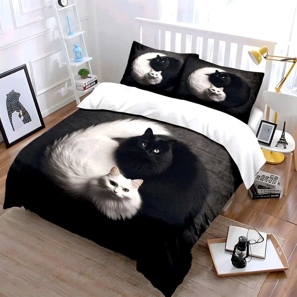 Set di biancheria da letto morbida e delicata sulla pelle con decorazioni di gatti bianchi e neri, include 1 copripiumino e 2 federe, regalo
