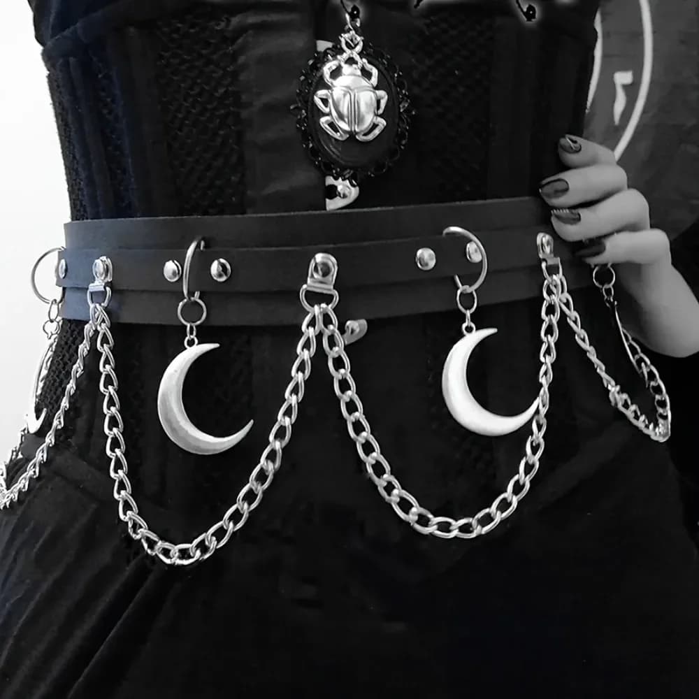 Punk Gothic Belt with Moon and Orange Pendant, Black PU Leather, Vintage Style, for Women and Girls
