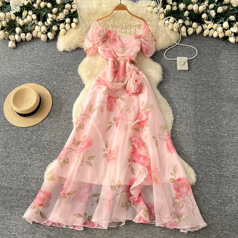 Abito estivo con bordo volant a fiori tridimensionali in stile francese Nuovo abito da festa elegante alla moda da donna C418