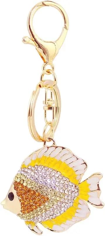 Portachiavi con strass a forma di pesce tropicale a righe colorate, simpatico animale marino, con chiusura a moschettone per borsa, idea regalo