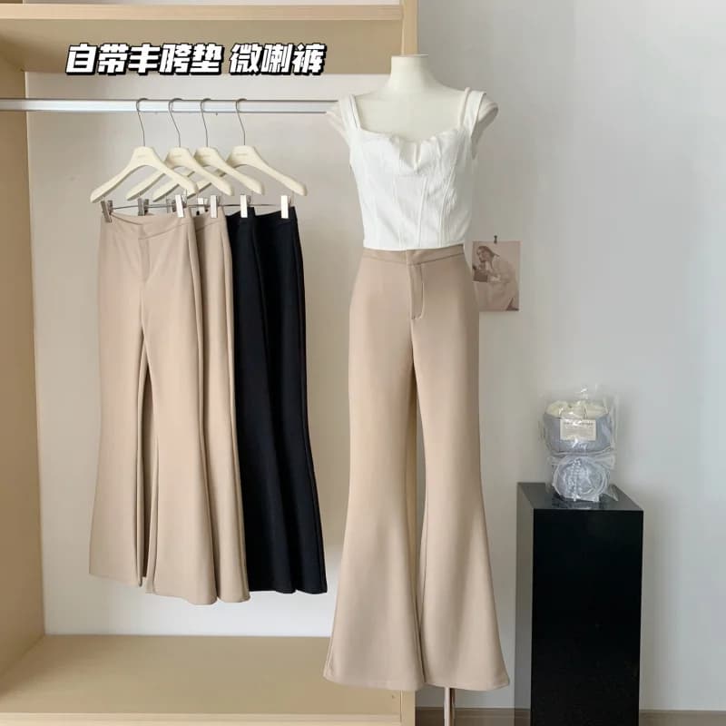 Pantaloni a gamba larga Wine Glass~ Pantaloni neri a vita alta e a gamba dritta, leggermente svasati, elasticizzati, snellenti, casual, da donna
