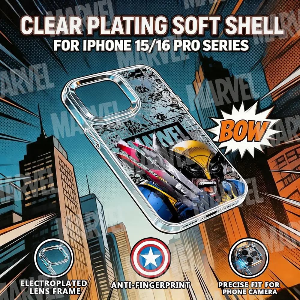 Custodia per telefono Wolverine MARVEL per iPhone 17 Air 16 15 14 13 12 11 Pro Max Plus con pulsante cromato e anello per fotocamera trasparente