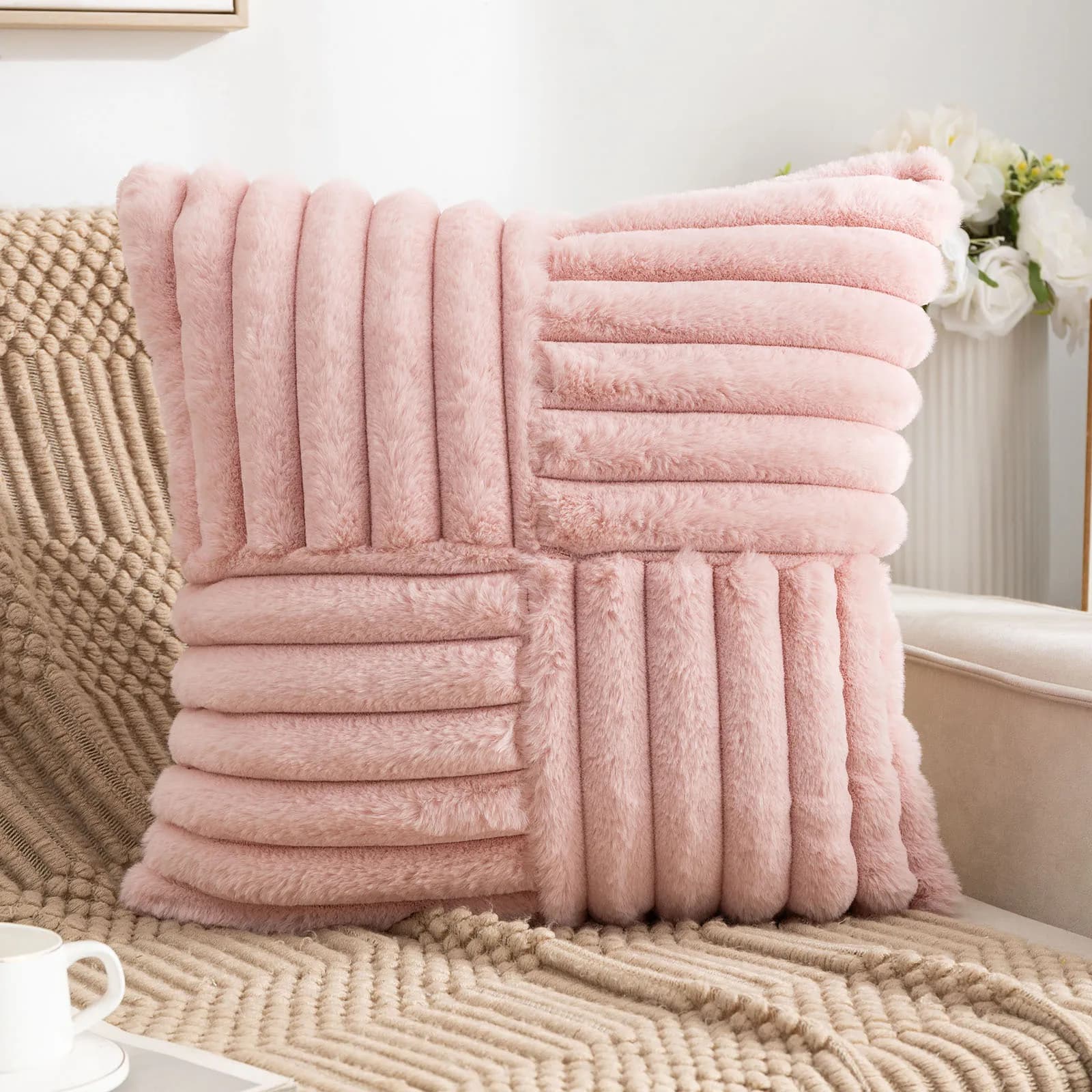 Fodera per cuscino in pelliccia di coniglio finta 18x18 pollici, fodere decorative Boho per divano letto, morbida federa per cuscino a righe sfocate
