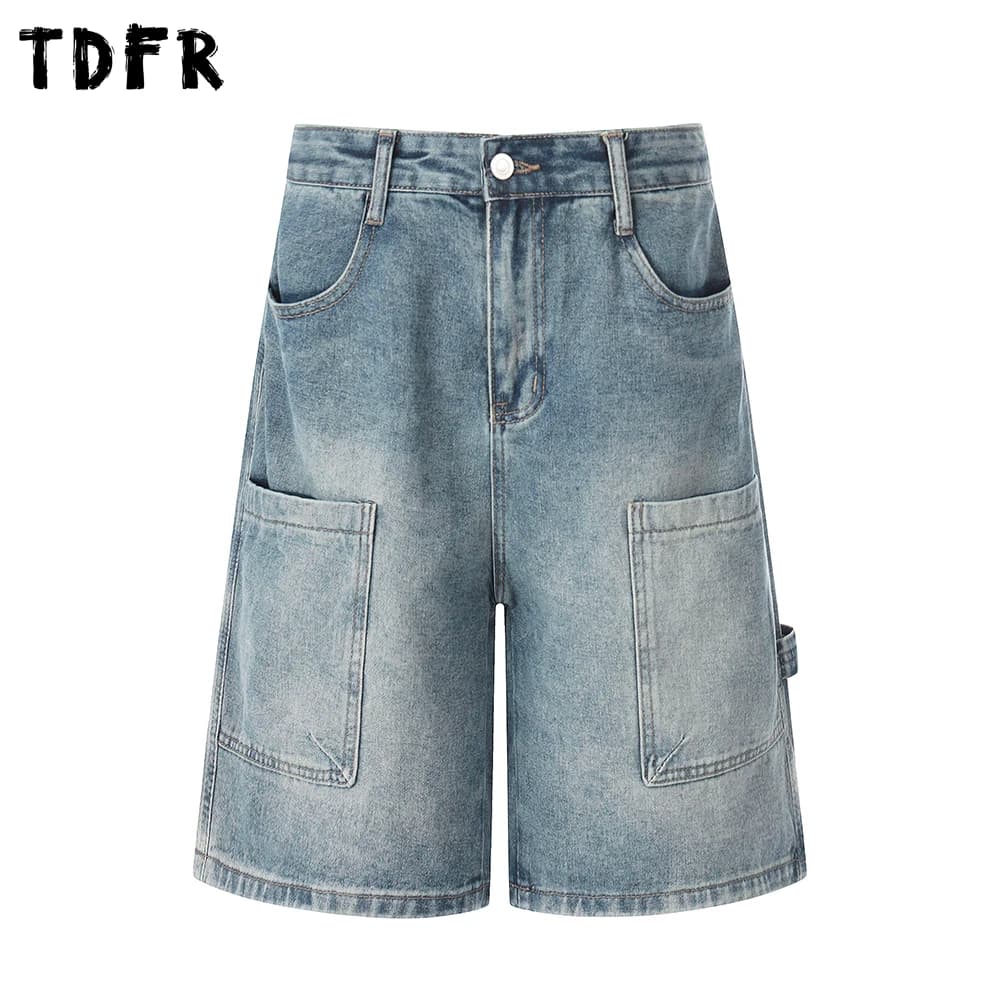 Pocket Denim Knee-length Shorts Mens Retro Casual Washed Distressed Straight Baggy Wide Leg Carpenter Short Jeans Man
