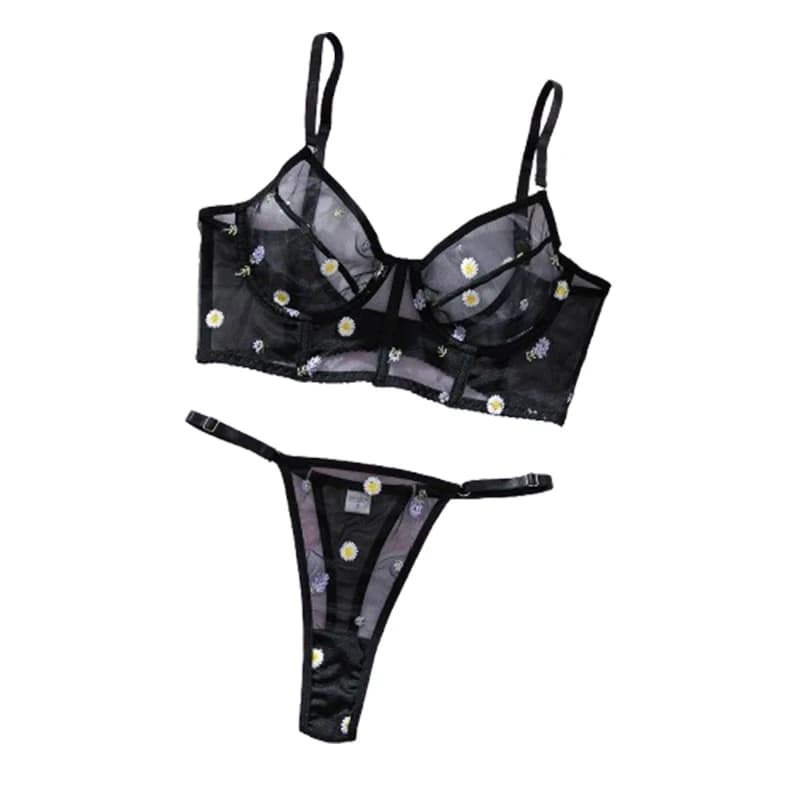 Set di slip reggiseno sexy neri Set di fiori ricamati Lingerie Biancheria intima trasparente ultra sottile in pizzo Intimo trasparente attraverso set esotici