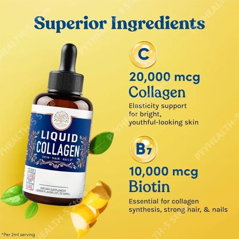 Collagene Liquido per Donne e Uomini con Biotina 30.000mcg Gocce per Capelli, Pelle e Unghie al Limone 2 Contagocce (2 ML) 60 Ml