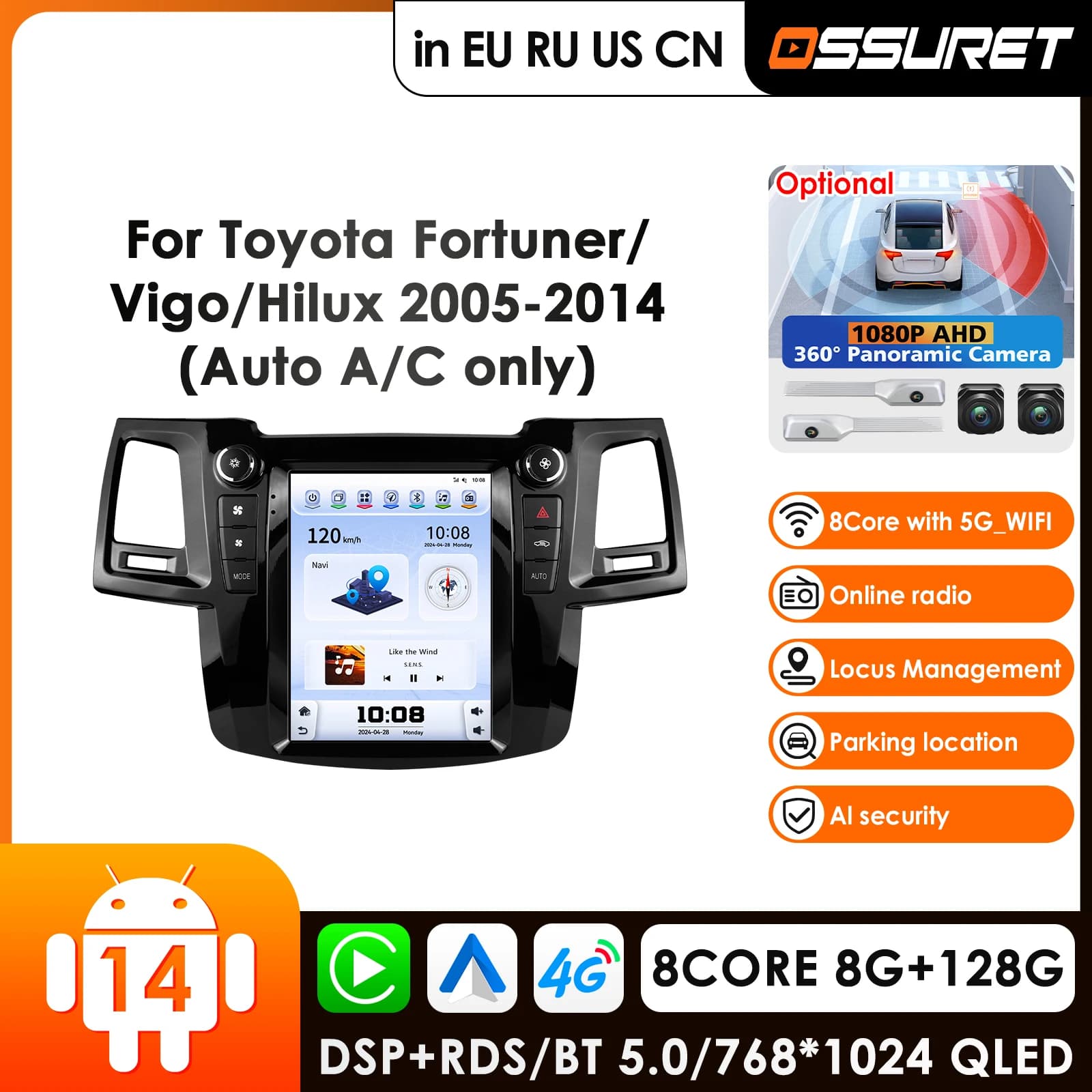 Autoradio OSSURET con schermo da 9,7 pollici, Carplay e Android Auto per Fortuner 2005-2014, Hilux Vigo, lettore video, autoradio 360 ° Cam