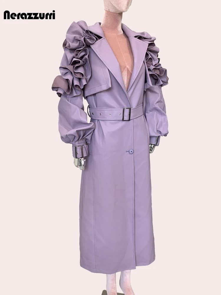 Nerazzurri autunno lungo arruffato viola Trench in pelle Pu per le donne cintura elegante Chic elegante abiti firmati di lusso 2024