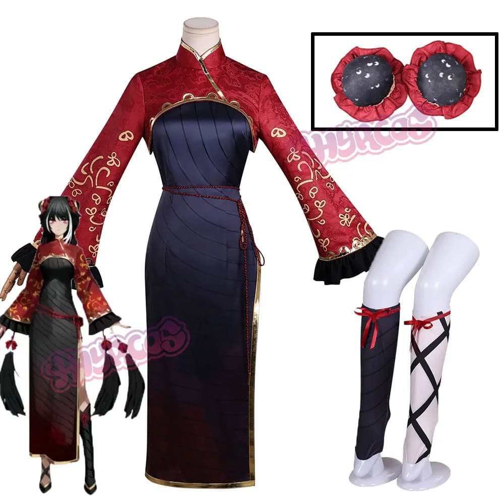 Limbus Company ‌ Costume da Cosplay Jia Xichun con Calze, Copricapo, Abito Cheongsam Rosso, per Halloween, Carnevale, Feste, Abbigliamento Femminile