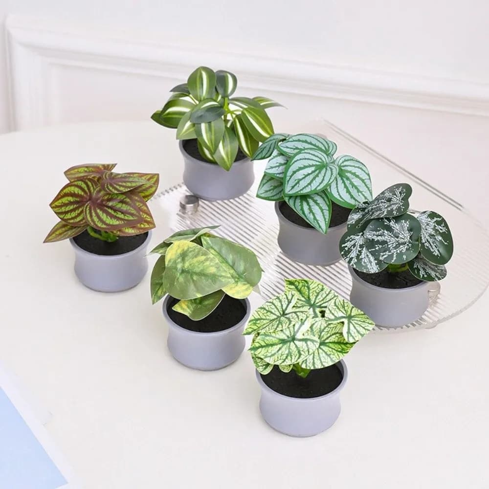 Set of 3/6 Pieces of Artificial Plants Realistic in Vase, Mini Bonsai in Plastic, Fine Flowers for Home Decoration