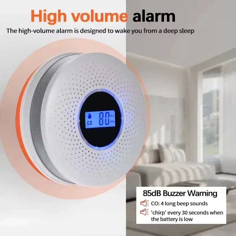 Rilevatore Combinato 2-in-1 di Fumo e Monossido di Carbonio con Display Digitale e Allarme Sonoro e Luminoso, Funzionamento a Batteria