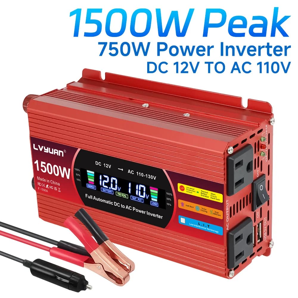 Inverter di Potenza per Auto 1500W (Picco) da DC 12V a AC 110V/120V con Display LCD, Doppia Presa AC e Doppio Caricatore USB per Auto