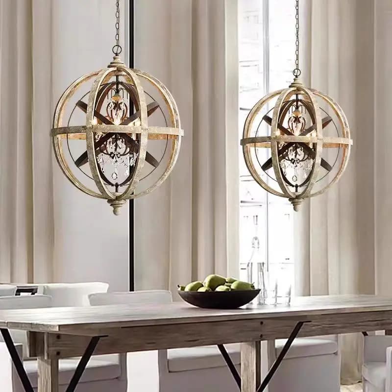 Lampadario a globo in legno rustico stagionato, luce di cristallo a led, arredamento per soggiorno, loft rotondo, luce a sospensione di metà secolo