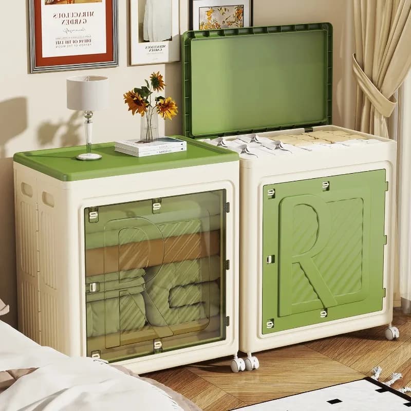 Plastic Storage Box with Lid, Large Capacity Foldable Clothes Organizer Bin with Wheels for Home, Durable Wardrobe Container