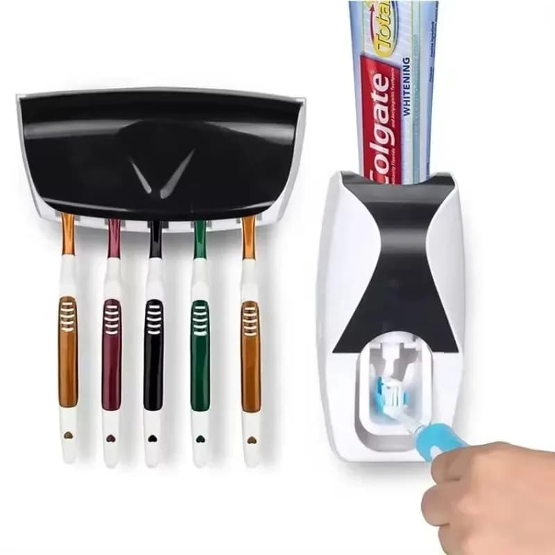 1 set of easy-to-use toothbrush holder with automatic toothpaste dispenser, wall mounted toothbrush storage rack, and bathroom