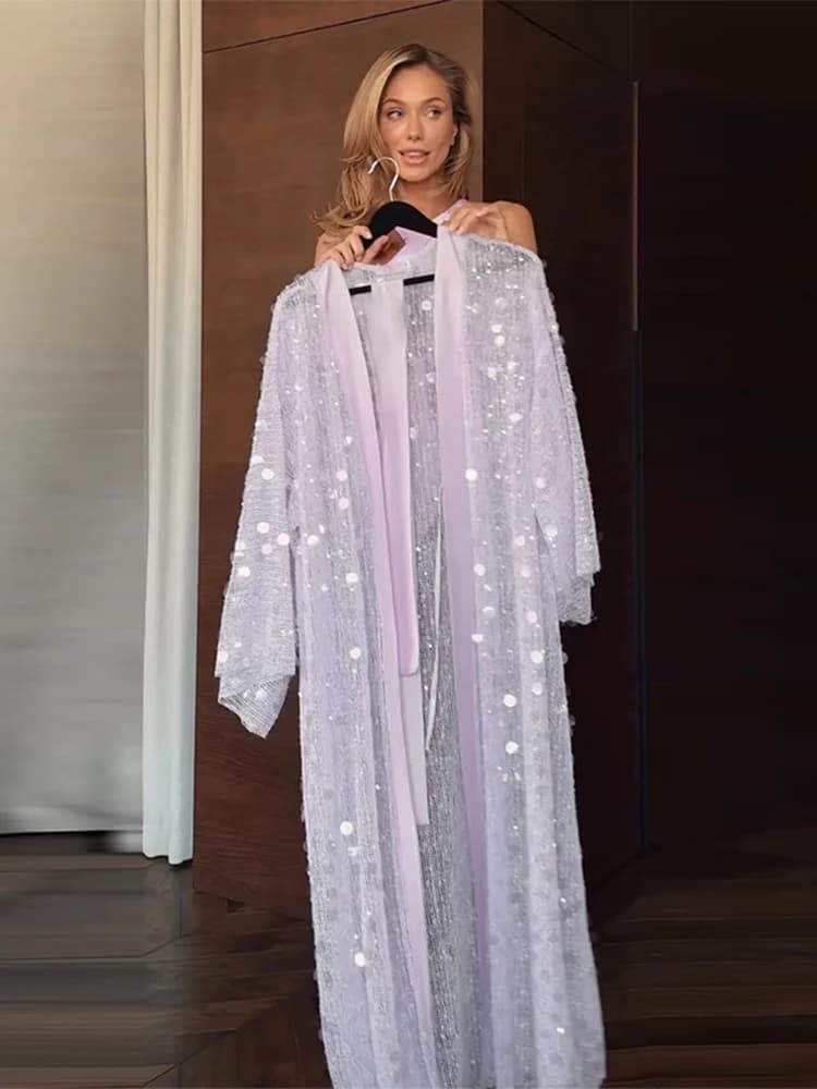Solid Women Sequined Cardigan Long Sleeve Lace Up Femela Long Robe Chic Lady All-match Summer Beachwear 2026 New Dress