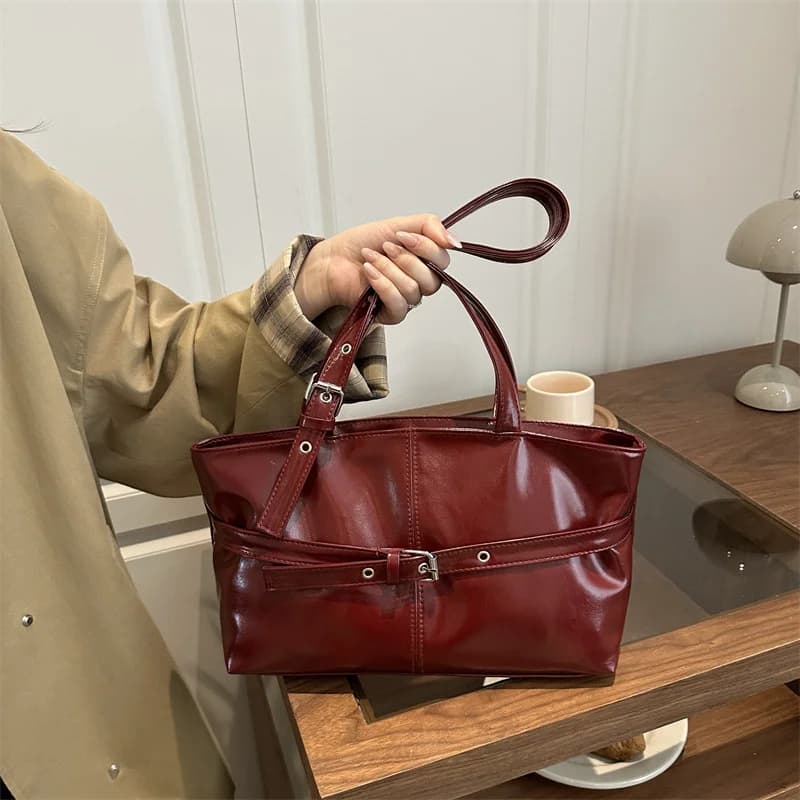 Borsa a Tracolla Coreana in PU Effetto Olio, Borsa Tote da Donna con Borchie Metalliche, Borsa da Pendolare