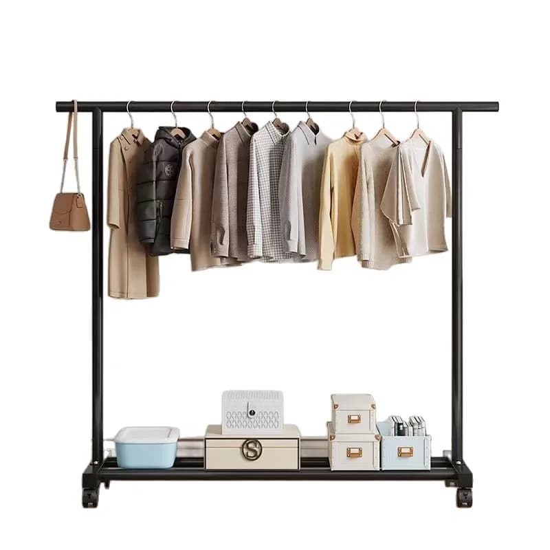 Clothes rack from floor to ceiling, mobile bedroom, cream-coloured clothes, simple sleeping clothes, balcony