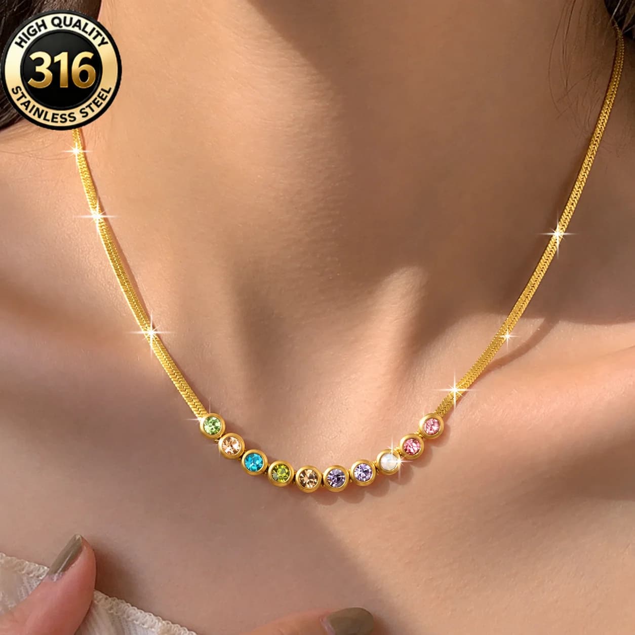 1pc Mixed Color Imitation Czech Crystal Blade Chain Necklace Stainless Steel Round Inlaid Rhinestone Necklace Elegant Fashion Je