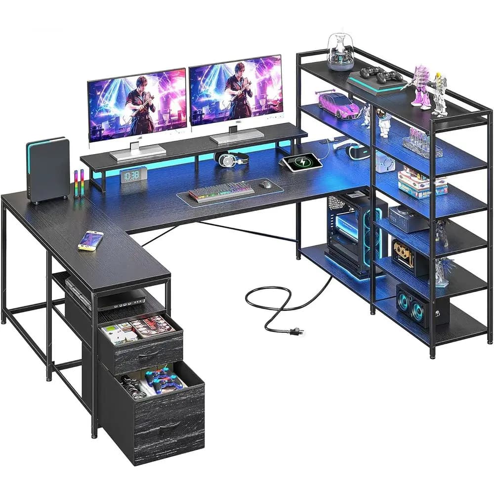 L-shaped gaming desk with 6 shelves, 2 drawers, power outlet, LED strip and monitor support, 63 black