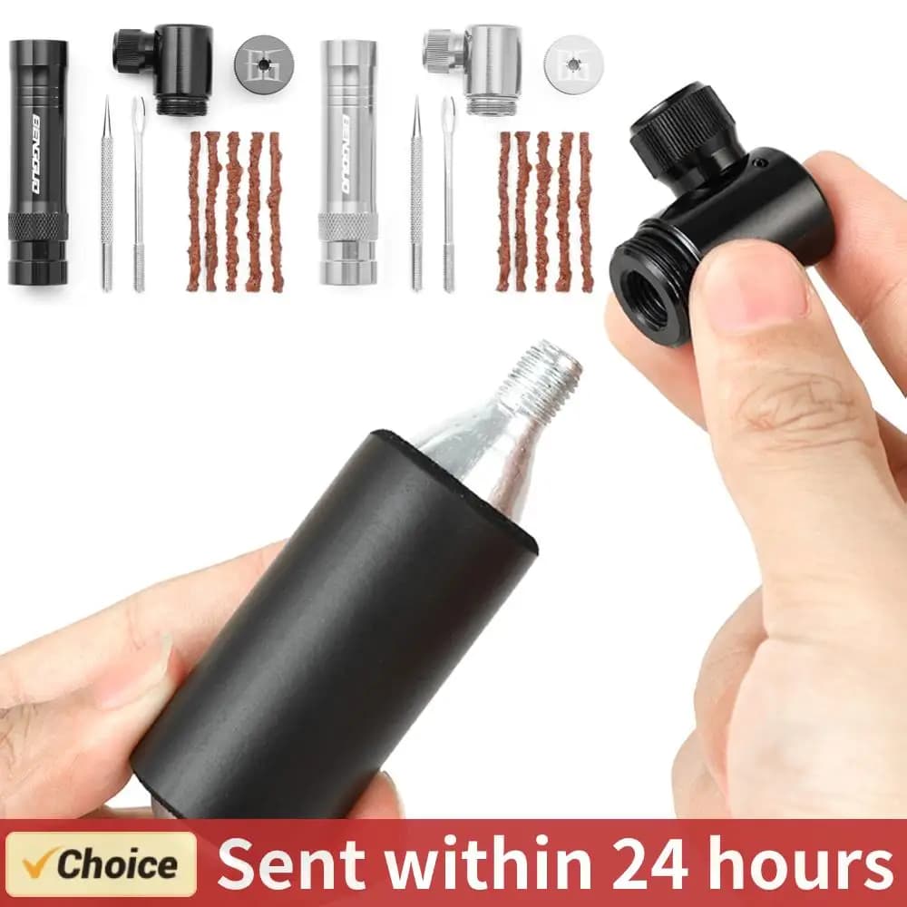 Pompa per bicicletta CO2 con kit di riparazione pneumatici tubeless Valvola Schrader e Presta Gonfiatore per pneumatici per bici CO2 Lega di alluminio per bici da strada MTB