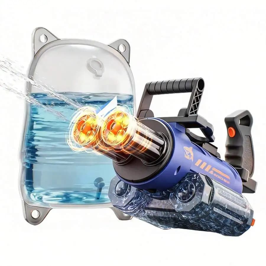UINLE Baby 1 Set Kids Gatling Water Gun Toy - Rotating Dual-Head Electric Continuous Spray Water Gun, Equipped With 2300ml Water Backpack, Lights, Rechargeable, Suitable For Indoor/Outdoor Family Play, Swimming Pool, Party, Beach, Garden, Outdoor Water Sh