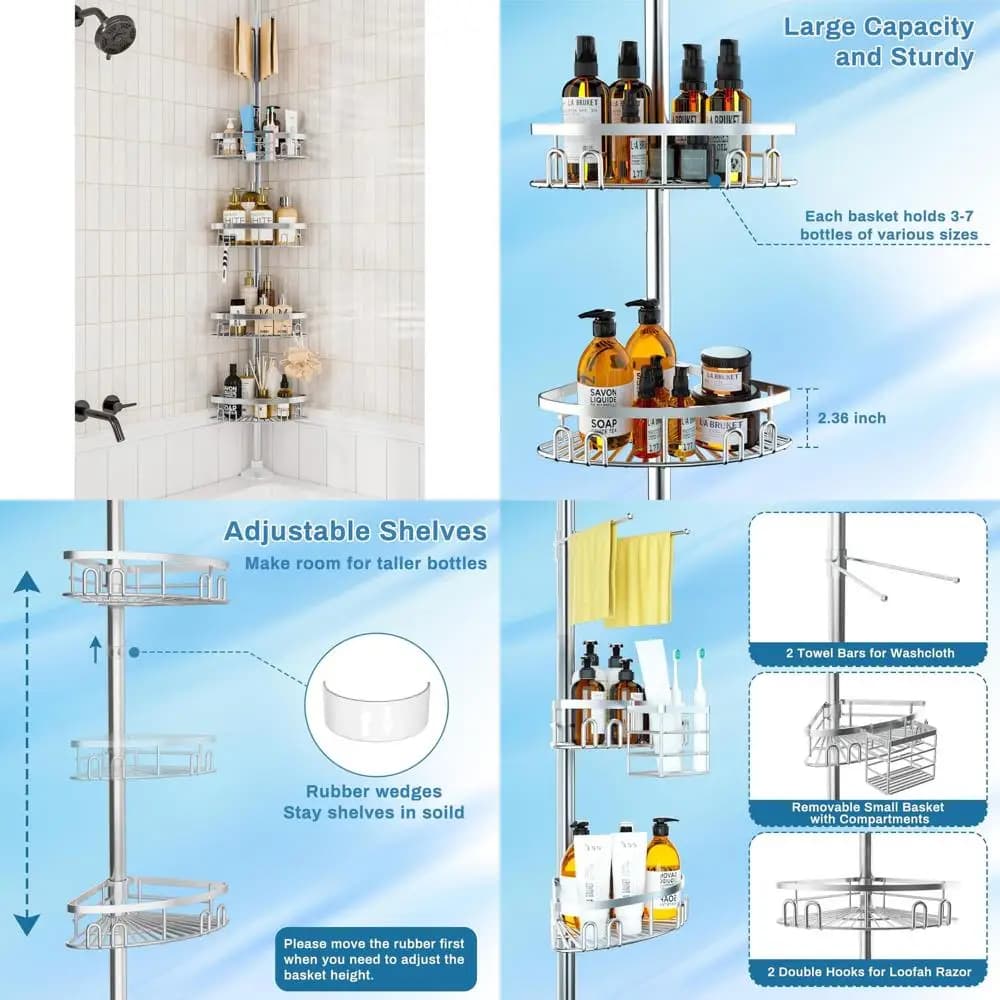 Portaoggetti da doccia regolabile con 4 cestelli per bagno, 23,6-114,5 pollici, portasciugamani argento