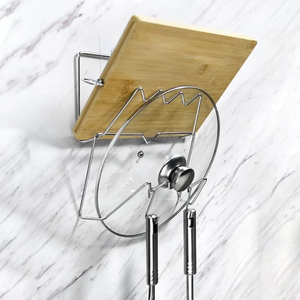 Stainless Steel Pot Lid Rack Self Adhesive Rustproof Chopping Board Organizer with Drainage Tray Wall Mounted