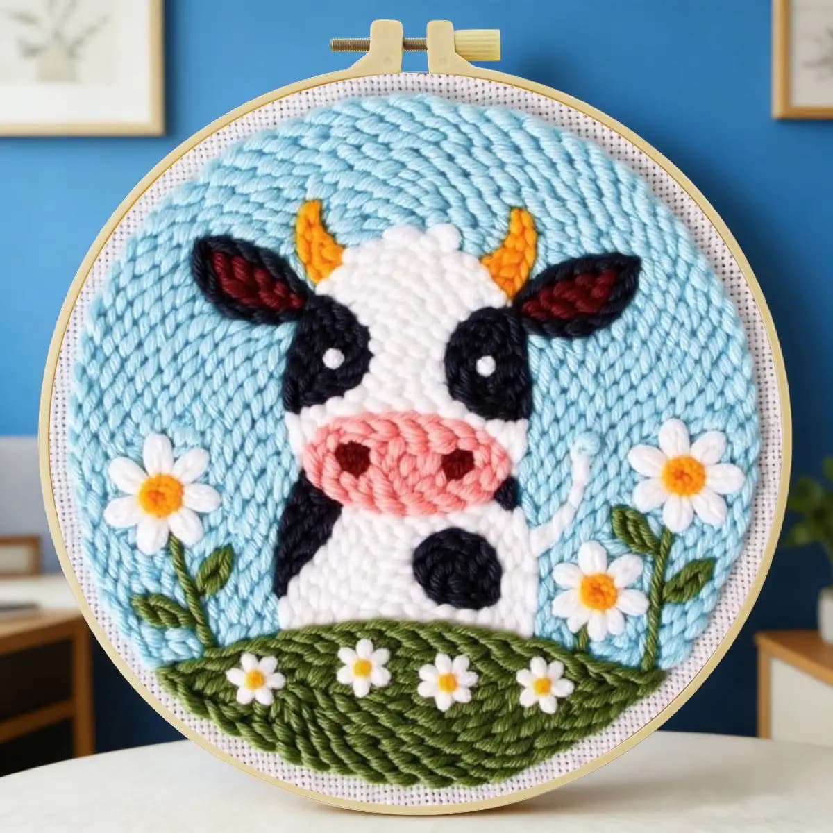 Kit per ricamo punch needle 20x20 cm (7,87 pollici) con motivo animale - Mucca, per ricamo a punto, ricamo a maglia, fai da te, regalo fatto a mano, Needle Art