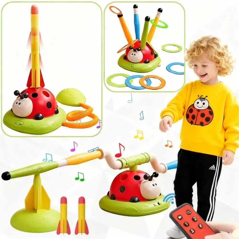 Universal educational toys for indoor and outdoor children 3-in-1: Jumping machine with rope, ring launch and brush-shaped rockets, birthday gift for kids and girls