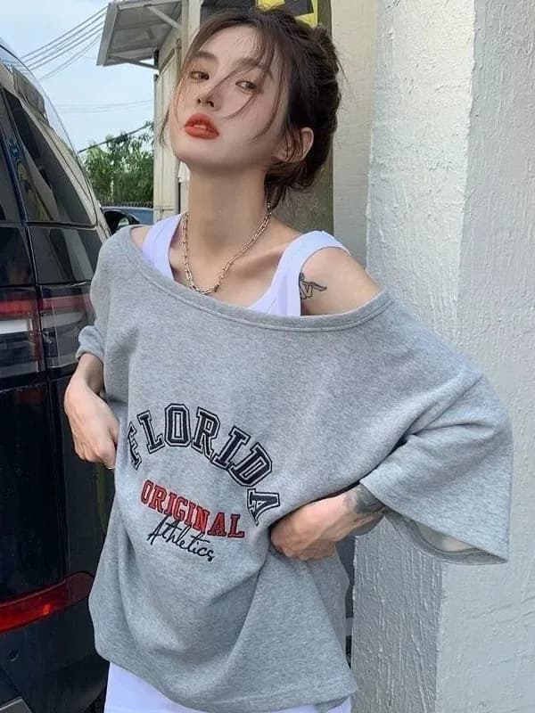 2026 New Lazy Style Shoulder Bared Short Sleeve T Shirt Women Summer Loose Medium Length Letter Print Top Ins Korean Version